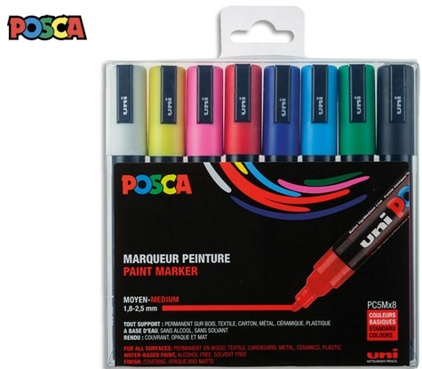 POSCA Etui 8 marqueurs peinture à eau, encre pigmentation assortie, pte moyenne